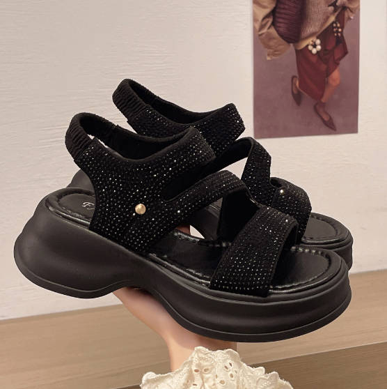 Summer Versatile Open Toe Rhinestones Roman Soft Platform Sandals-A