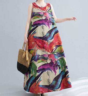 Vintage Floral Print Linen Cotton-Linen Round Neck Pullover Sleeveless Long Dress