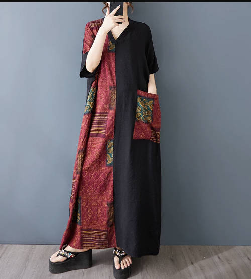Slimming Cotton-Linen Print V-Neck Short-Sleeve Color-Block Long Top Dress