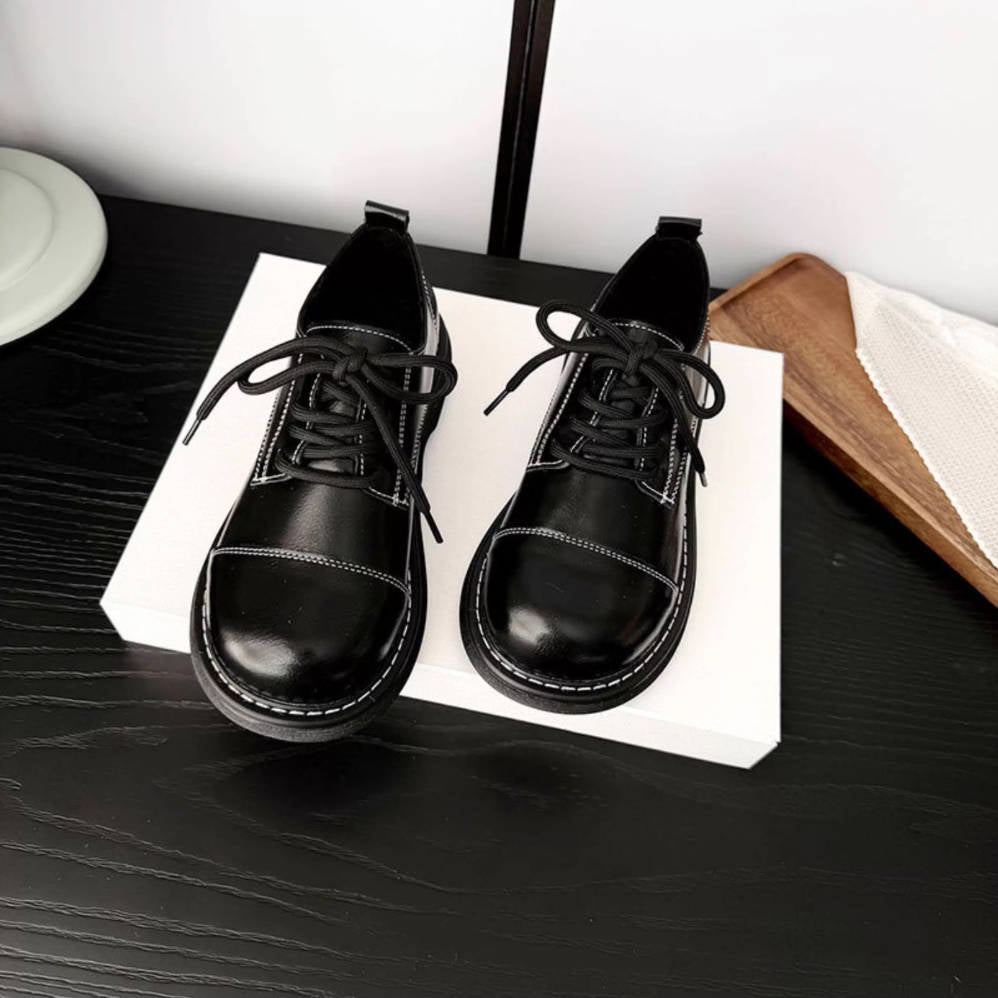 Spring Genuine Leather Round Toe Versatile Lace-Up Flat Shoes