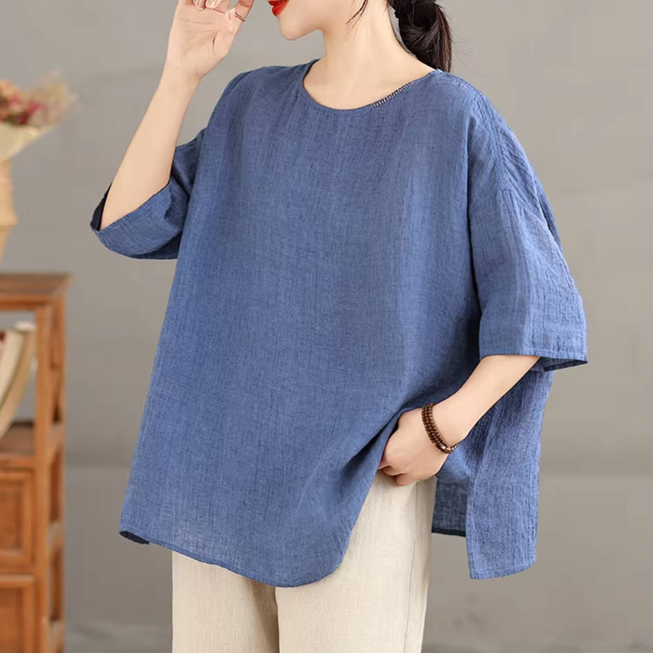 Spring Linen Round Neck Thin Half Sleeves Loose Casual Tops