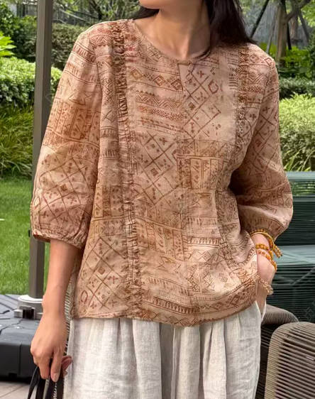 Vintage Women Ramie Round Neck Print Soft Mid-Sleeve Shirt