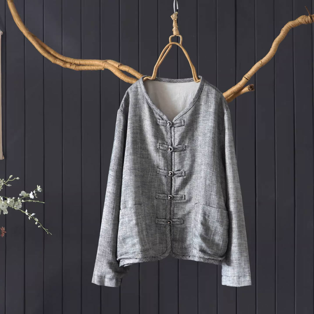 Retro Linen V-Neck Frog Button Chinese Style Loose Slim Shirt