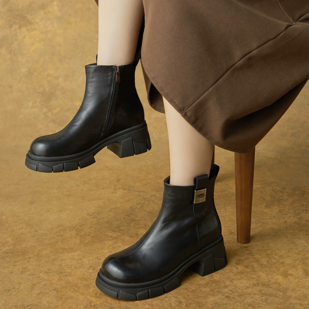 Women Autumn Genuine Leather Chunky Zipper Elegant Ankle Boots