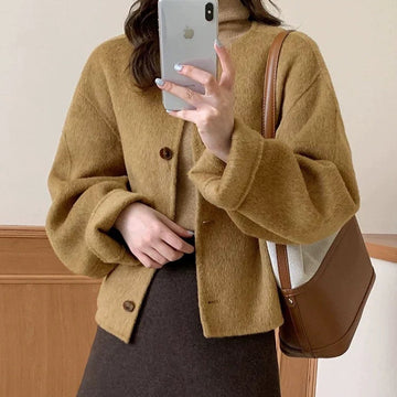 Autumn Retro Simple Double-Faced Wool Round Neck Warm Coat