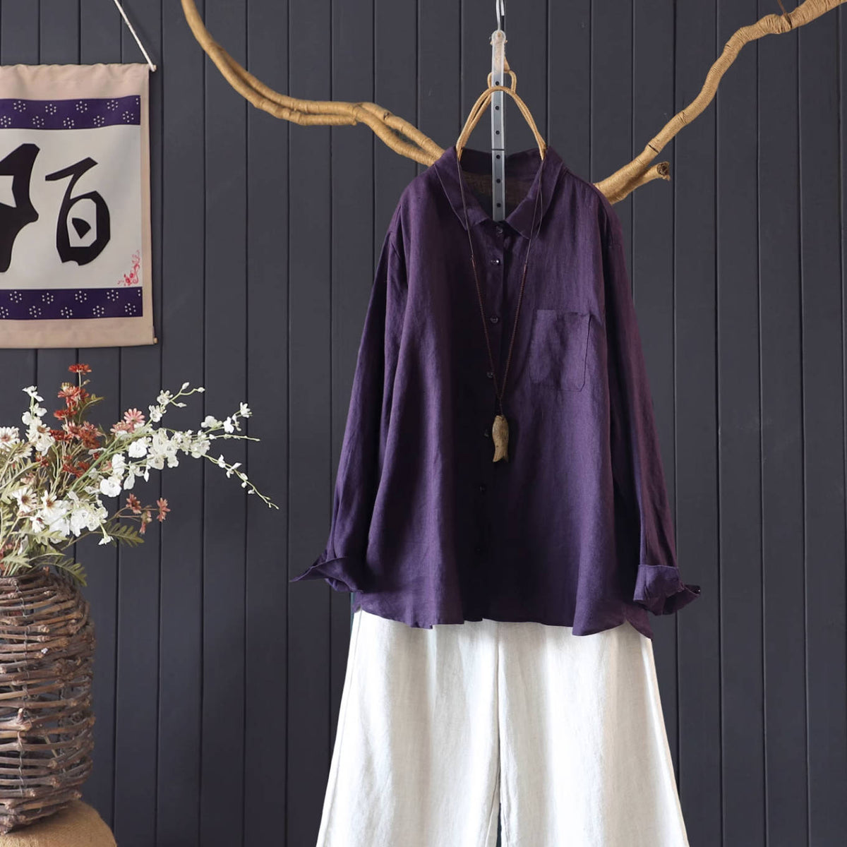 Autumn Linen Casual Singel-Breasted Loose Shirt With Pocket