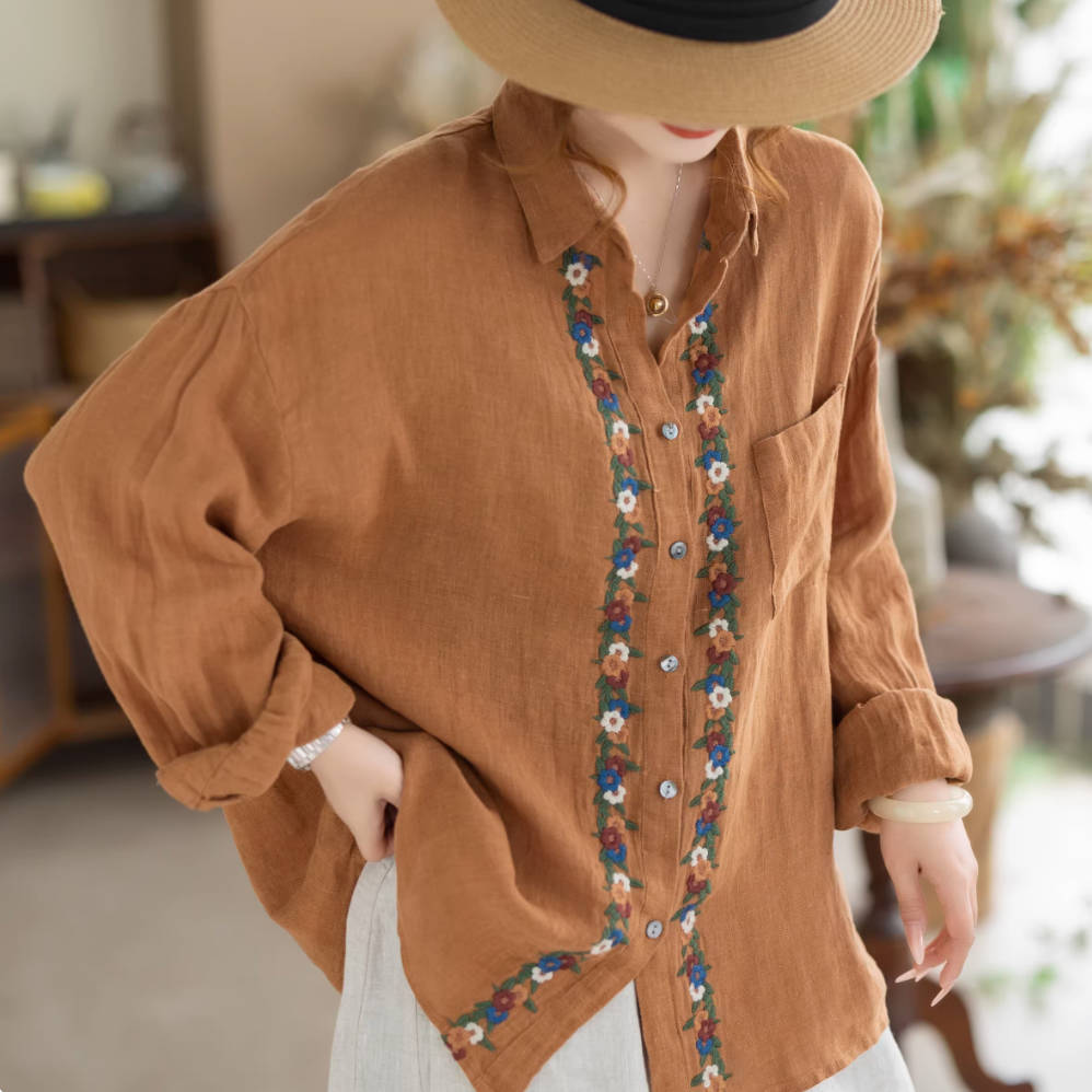Spring Retro Linen Embroidered Thin Breathable Lapel Slim Shirt