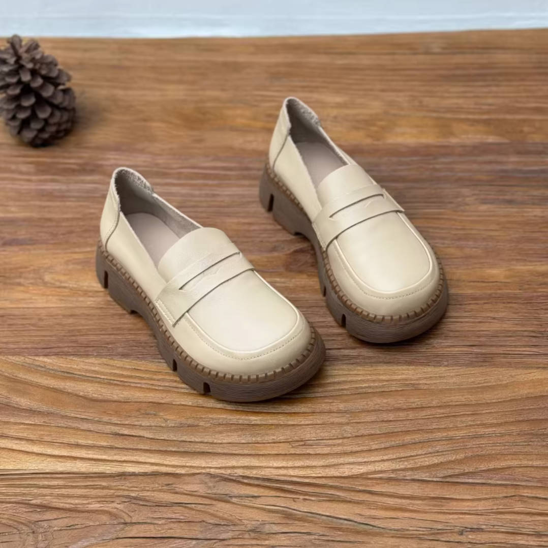 Retro Leather Round Toe Casual Thick Soft Sole Slip-On Loafers