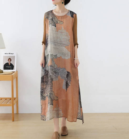 Vintage Elegant Pure Linen Ink Wash Print and Silk Splicing Dress