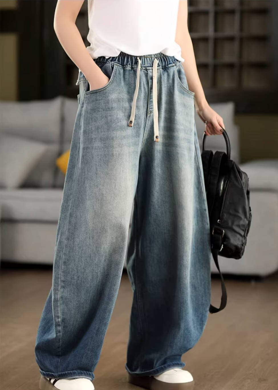 Spring Vintage Denim Classic Elastic Waist Loose Lace-Up Jeans
