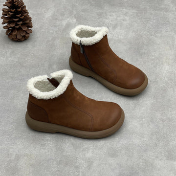 Genuine Leather Soft Sole Warm Fleece-Lined Zipper Ankle Boots