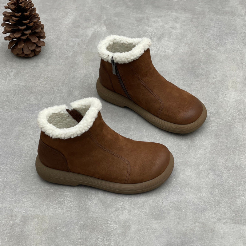 Genuine Leather Soft Sole Warm Fleece-Lined Zipper Ankle Boots
