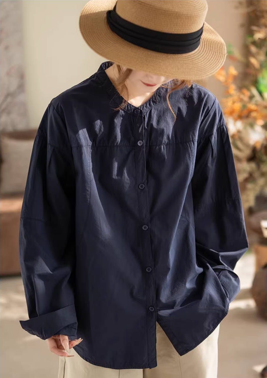 Solid Color Cotton Retro Round Neck Thin Soft Loose Casual Shirts