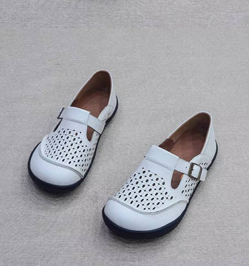 Retro Top Grain Leather Hollow Out Soft Buckle Flats