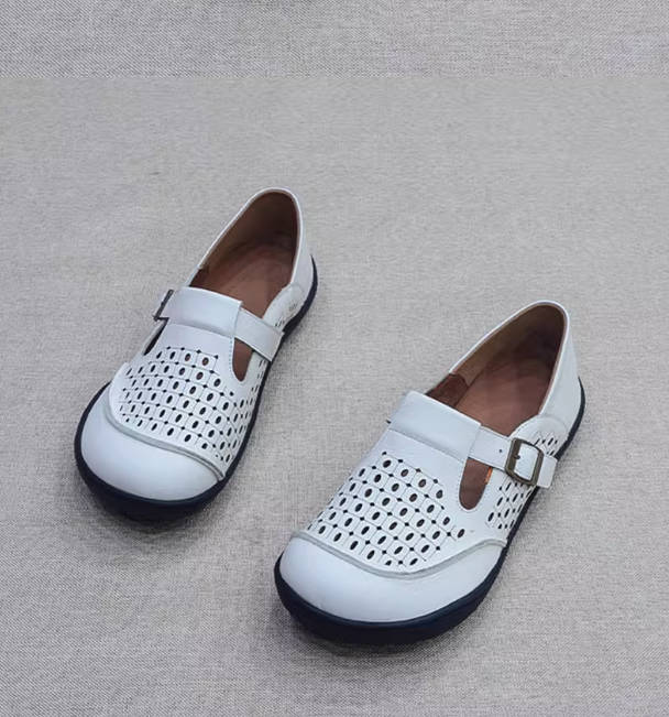 Retro Top Grain Leather Hollow Out Soft Buckle Flats