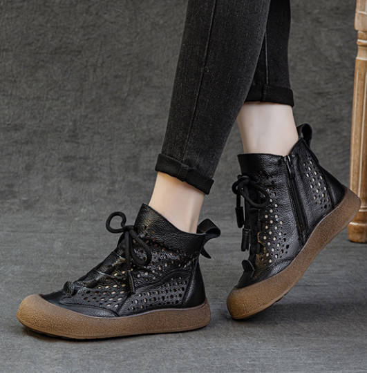 Vintage Genuine Leather Round Toe Cut Out Casual Boots