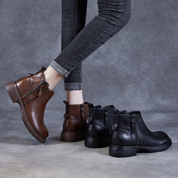 Retro Leather Casual Soft Flat Sole Simple Zipper Ankle Boots