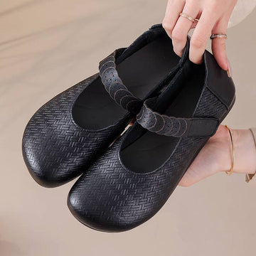 Retro Leather Woven Round Toe Comfortable One Straped Velcro Flats