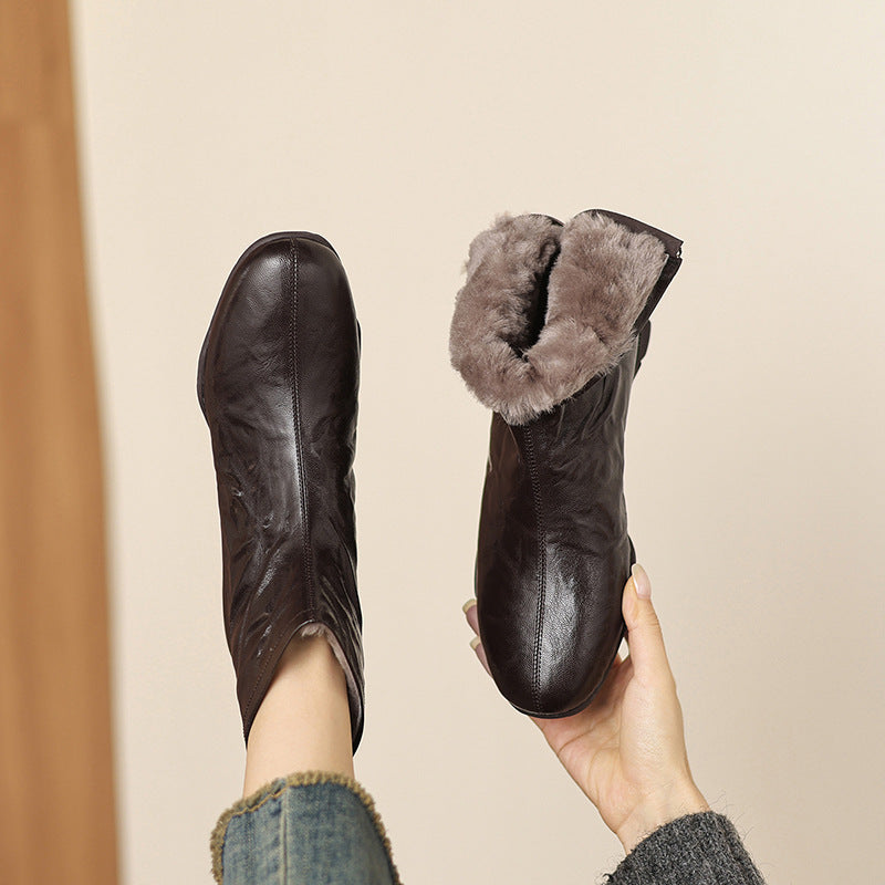 Winter Sheepskin Leather Solid Color Wool-In Soft Flat Sole Ankle Boots