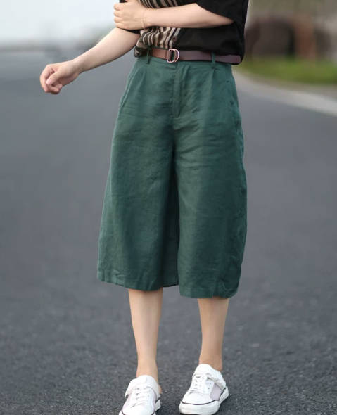 Summer Solid Color Linen Capri Casual Straight Cut Loose Pants