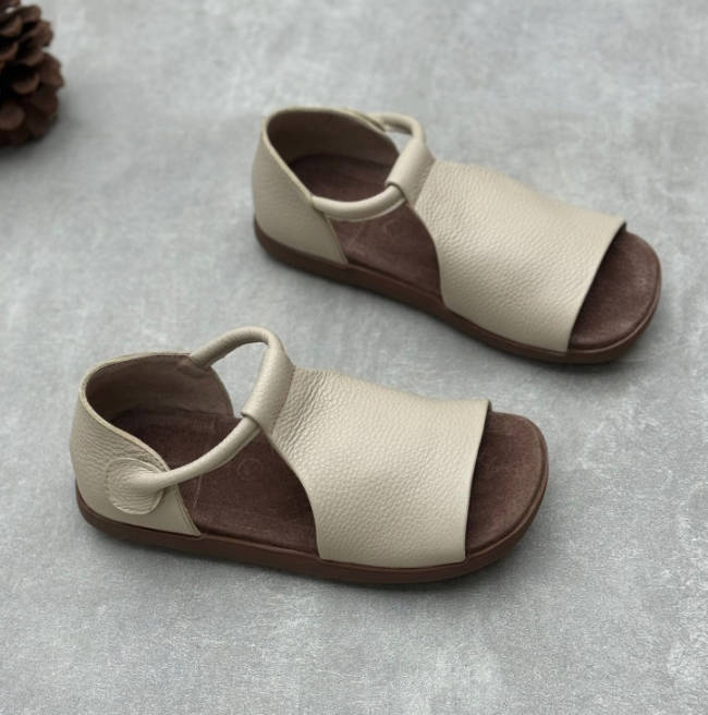 Vintage Women Genuine Leather Fish Mouth  Magic Tape Sandals