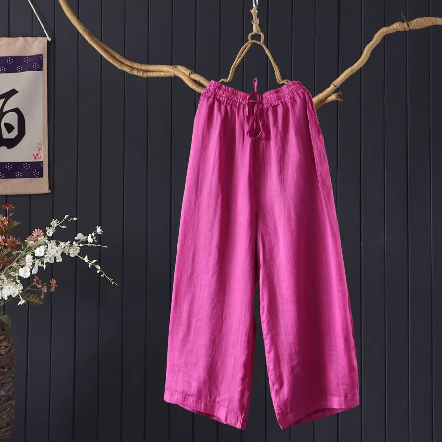 Summer Retro Ramie Think Breathable Elastic Waist Pocket Pants