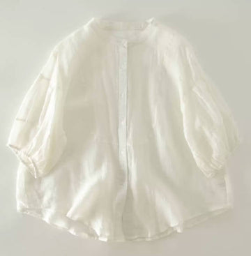 Spring Ramie Solid Color Short Sleeve Loose Fit Stand Collar Shirt