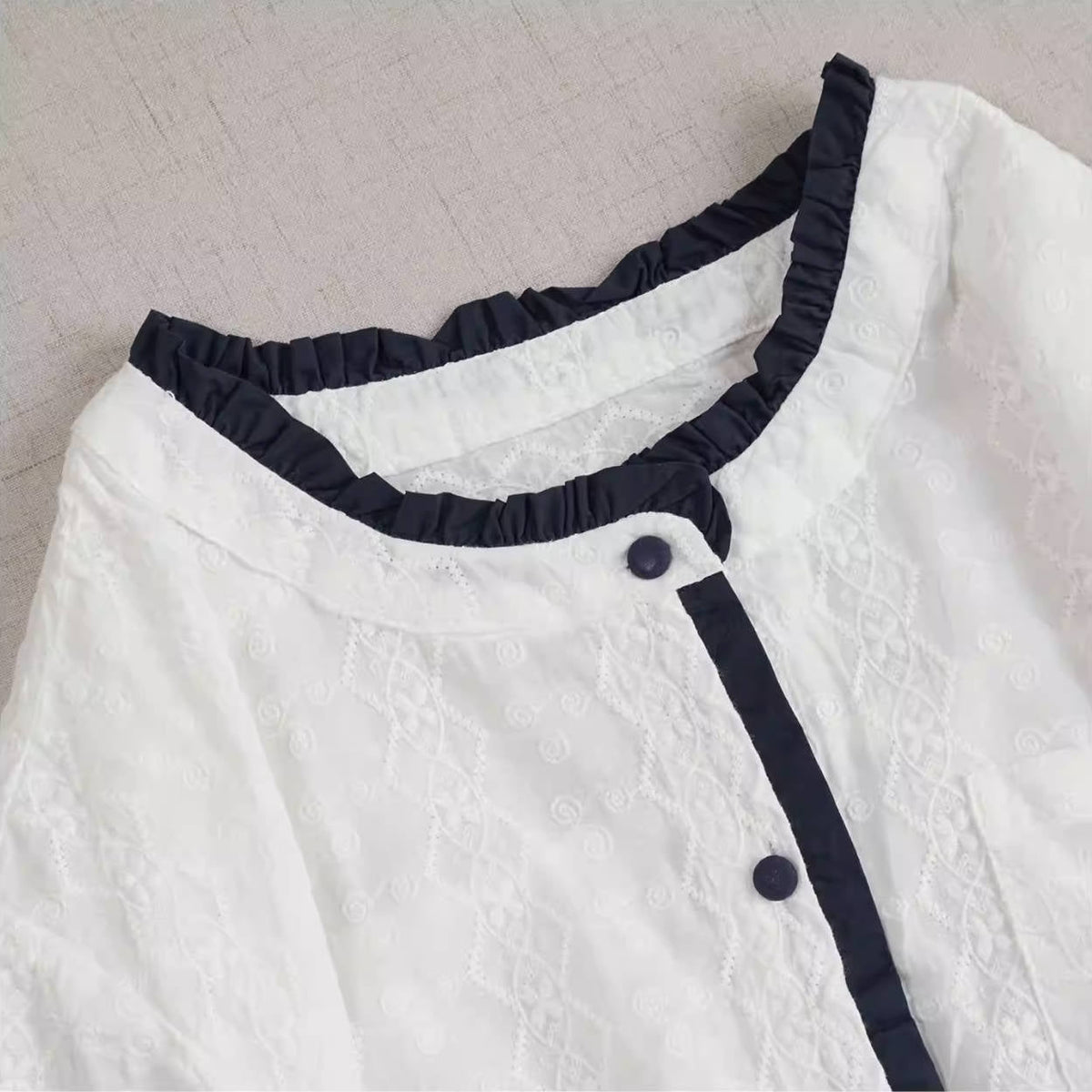 Spring Cotton Ruffled Neck Patchwork Embroidered Single-Breasted Shirt