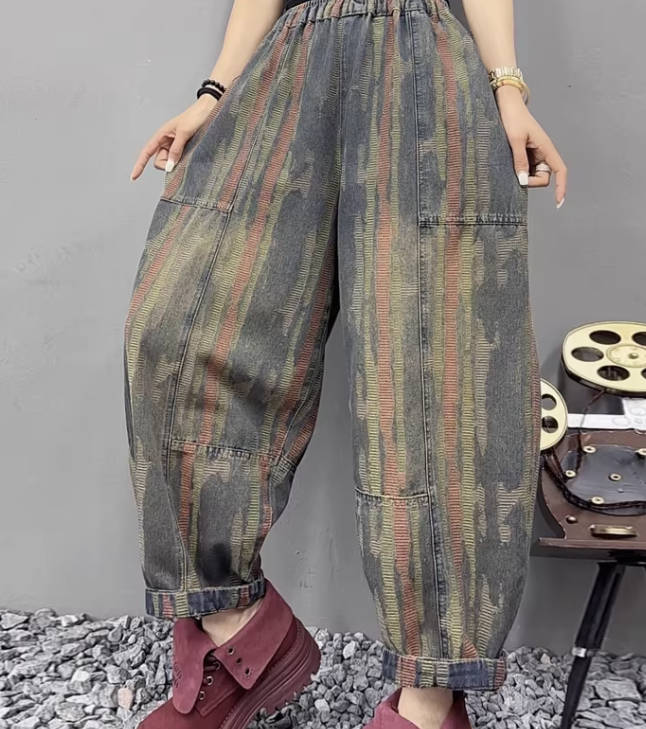 Spring Vintage Denim Striped Print Denim Loose Harem Pants