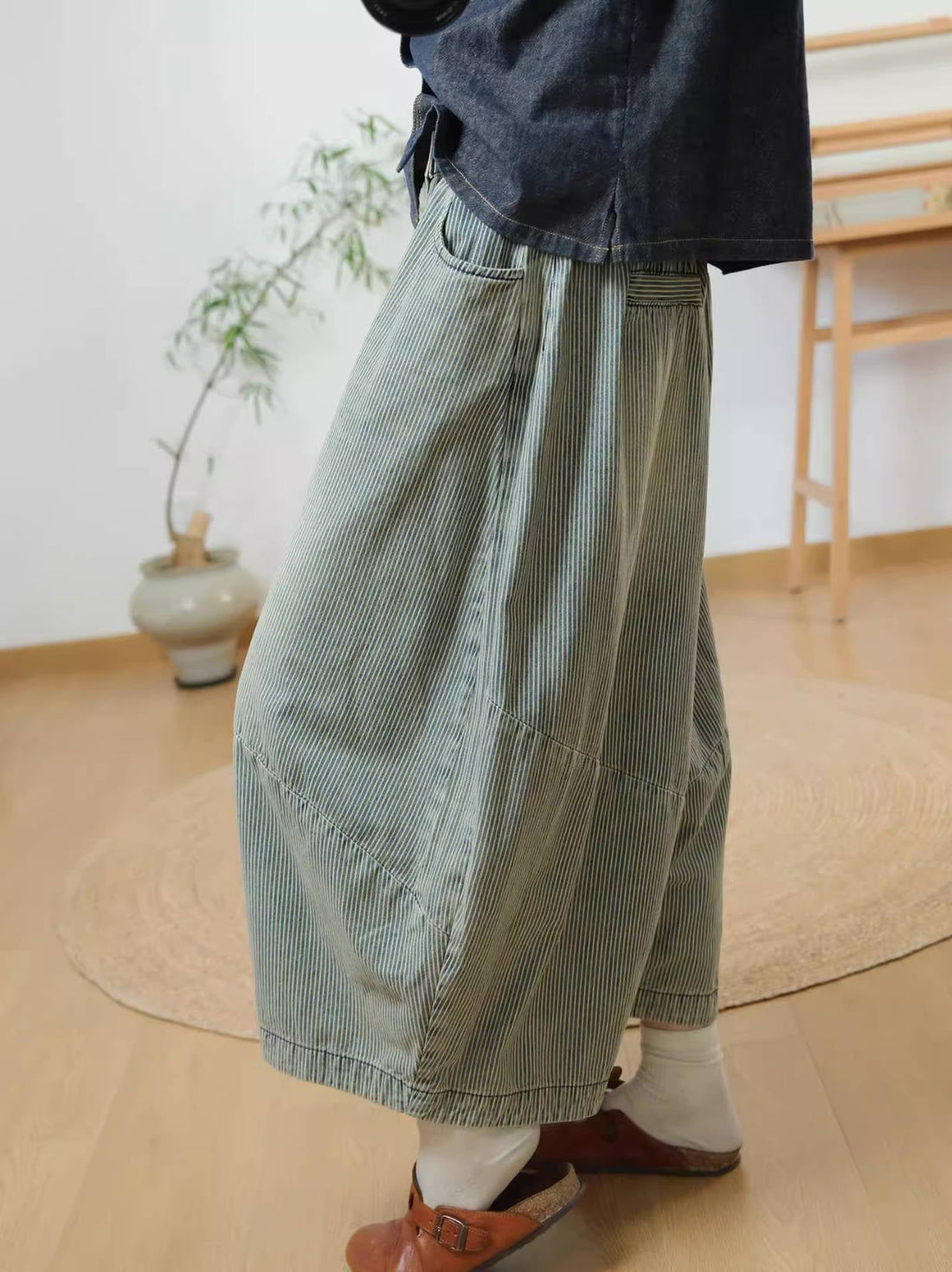 Spring Retro Blue Striped Denim Wide Legs Loose Elastic Waist Pants