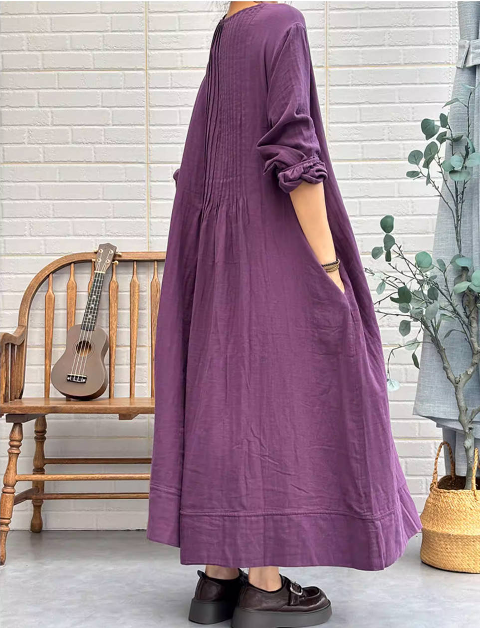 Autumn Cotton Retro Round Neck Loose A-Line Casual Dress