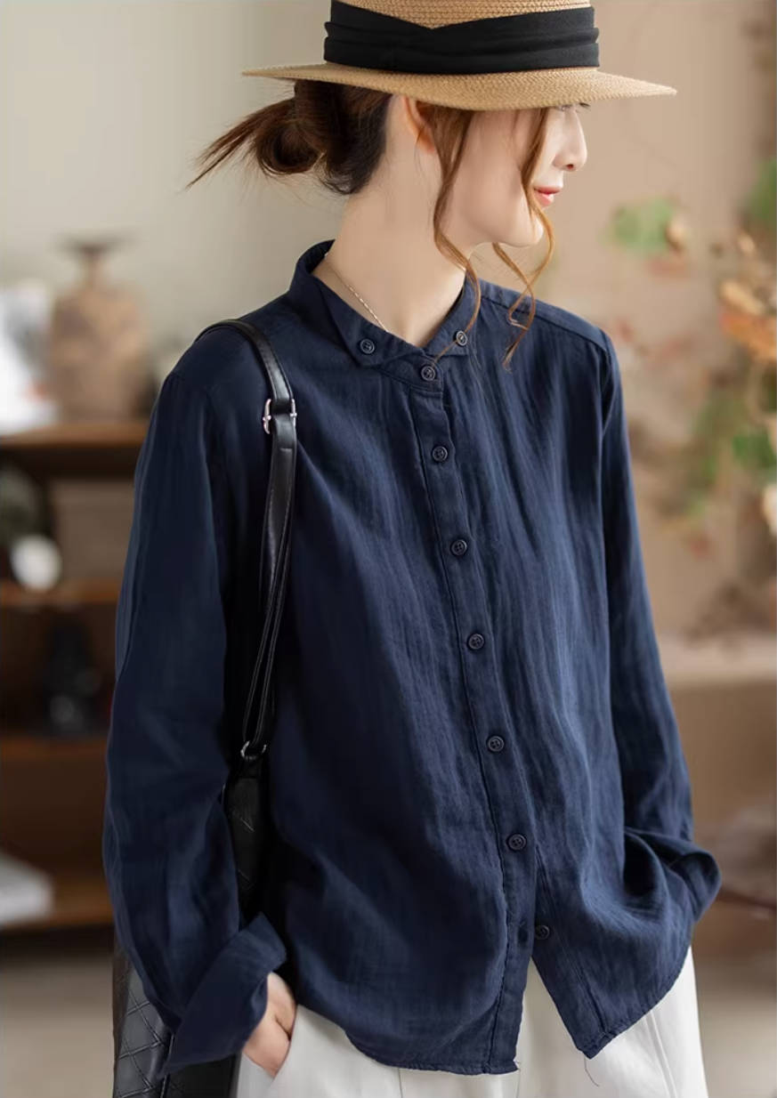 Simple Solid Color Cotton Lapel Single-Breasted Soft Casual Shirt