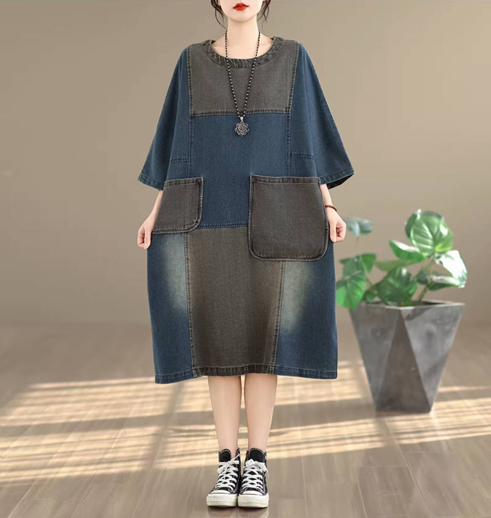 Spring Retro Denim Round Neck Patchwork Pocket Casual Loose Dress