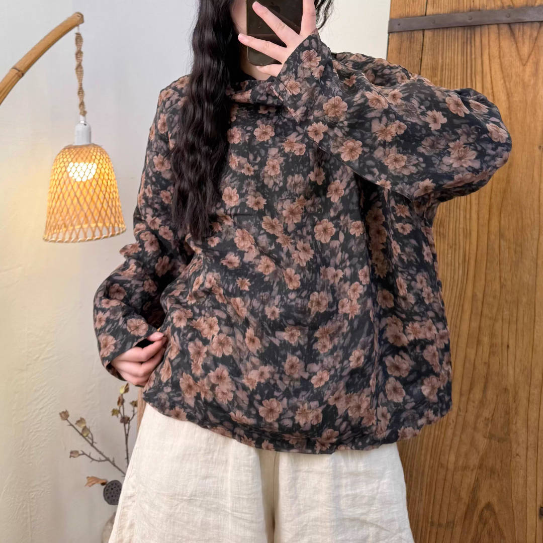 Spring Ramie Retro Casual High Neck Double-Layer Floral Tops