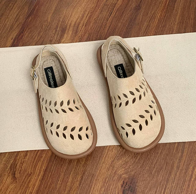Vintage Women Leaf Hallow out Open-Back Mule Sandals Slip-On