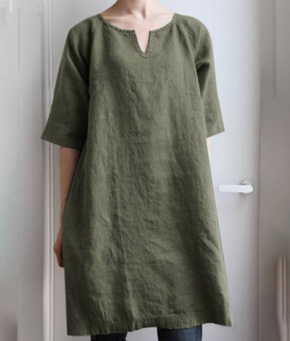 Spring Linen Solid Color Loose V-neck Short Sleeve Dress
