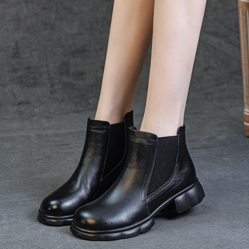 Trendy Genuine Leather Round Toe Elastic Slip-On Ankle Boots