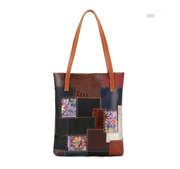 Vintage Genuine Leather Patchwork Large Capacity Tote Bag