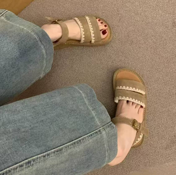 Vintage Casual Women Leather Open Toe Single T-strap Soft Sandals