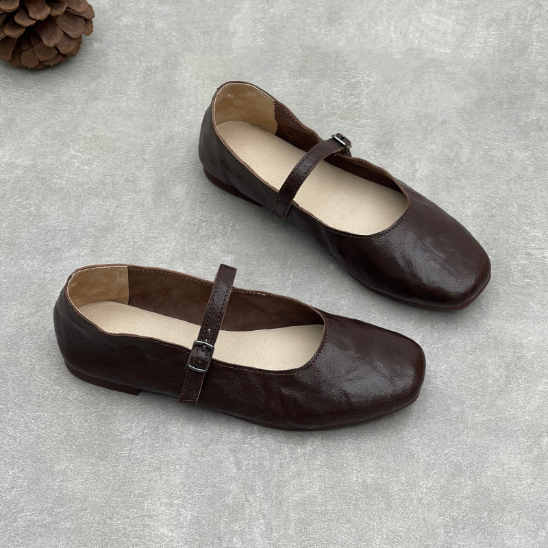 Retro Sheepskin Round Toe One Straped Shallow Soft Sole Flats
