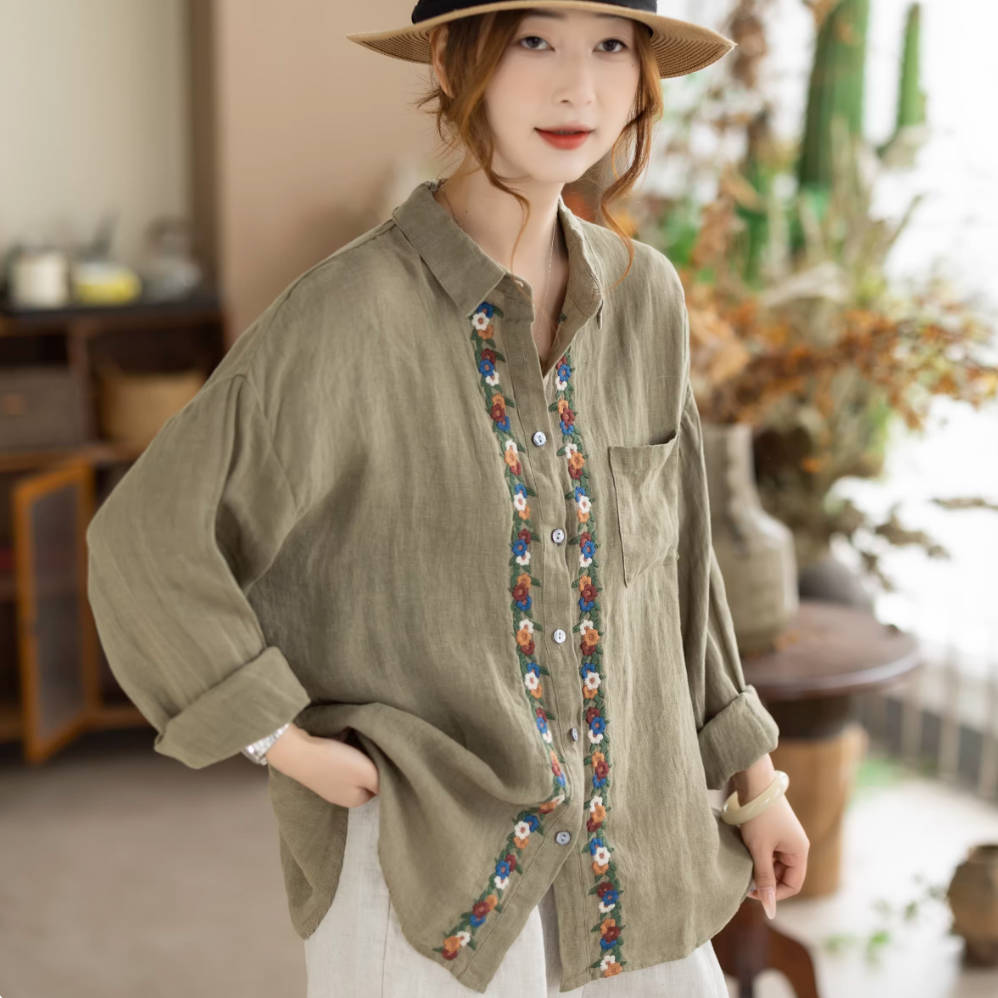 Spring Retro Linen Embroidered Thin Breathable Lapel Slim Shirt