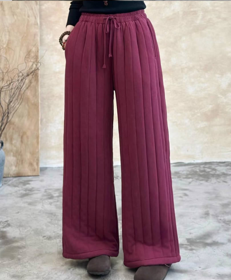 Winter Warm Cotton Thick Striped Elastic Waist Lace-Up Pants