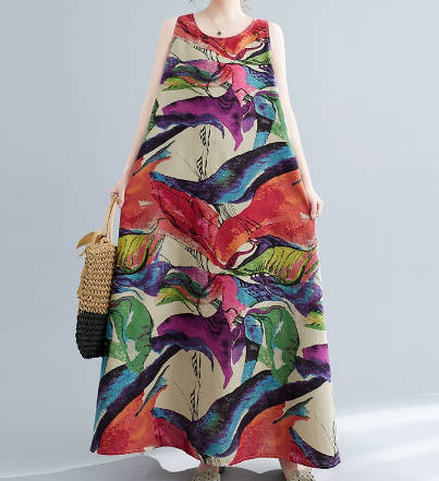 Vintage Floral Print Linen Cotton-Linen Round Neck Pullover Sleeveless Long Dress