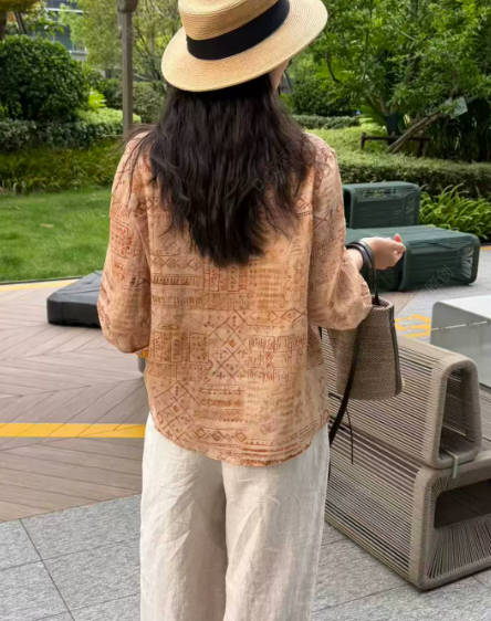 Vintage Women Ramie Round Neck Print Soft Mid-Sleeve Shirt