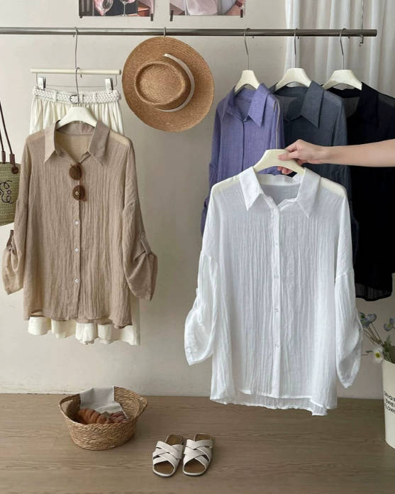 Summer Retro Linen Balloon Sleeve Vacation Style Sun Protection Blouses