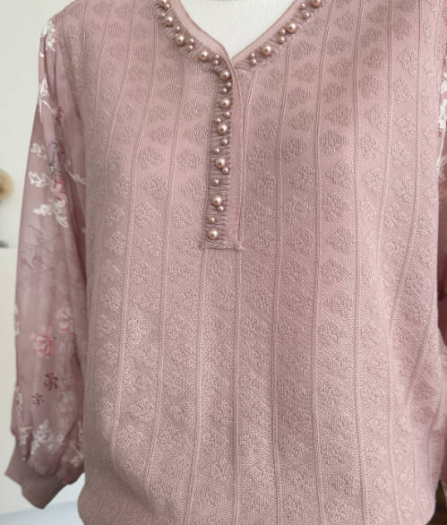 Women Autumn Loose Fit Flower Mesh Sleeves Shirt