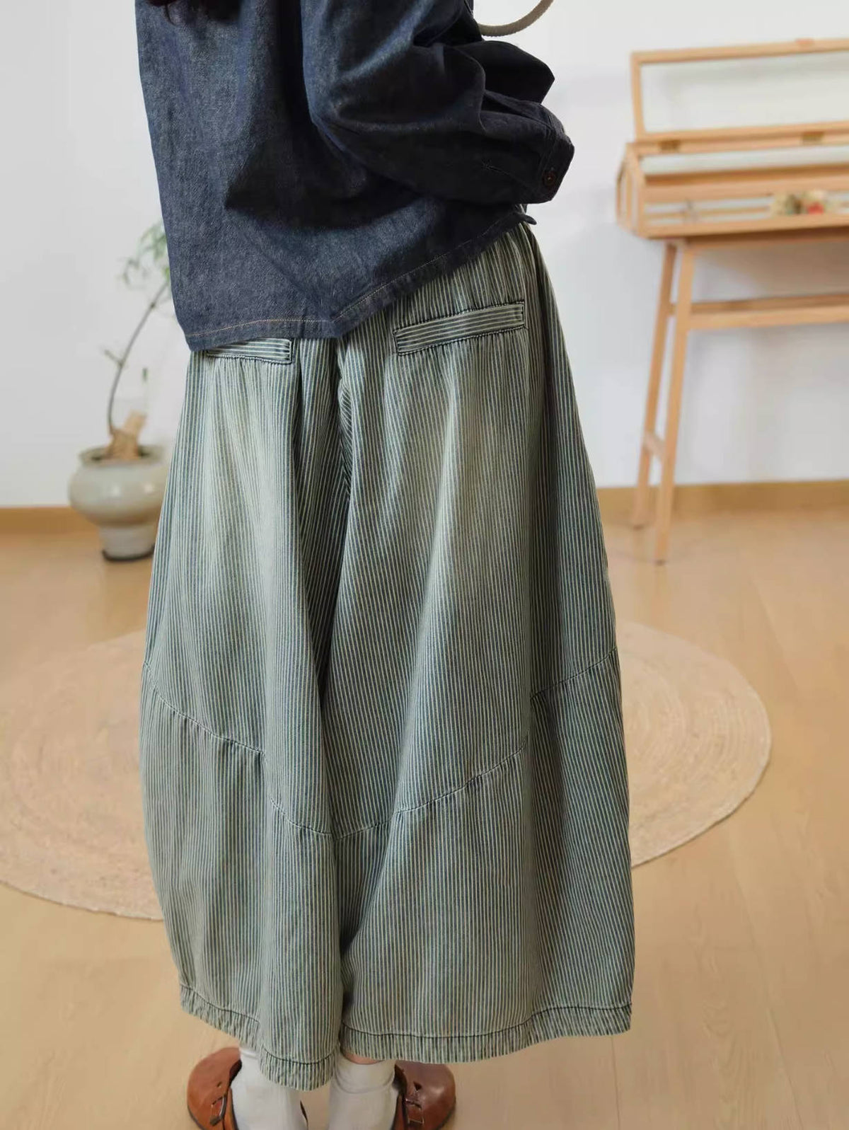 Spring Retro Blue Striped Denim Wide Legs Loose Elastic Waist Pants