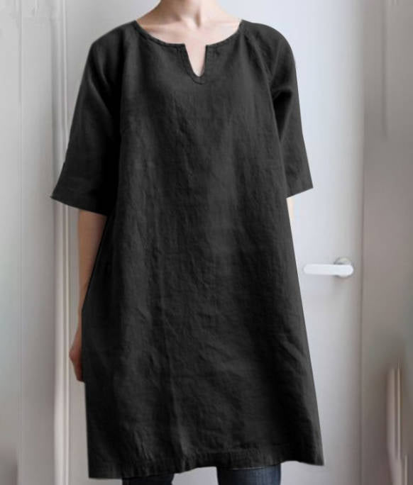 Spring Linen Solid Color Loose V-neck Short Sleeve Dress