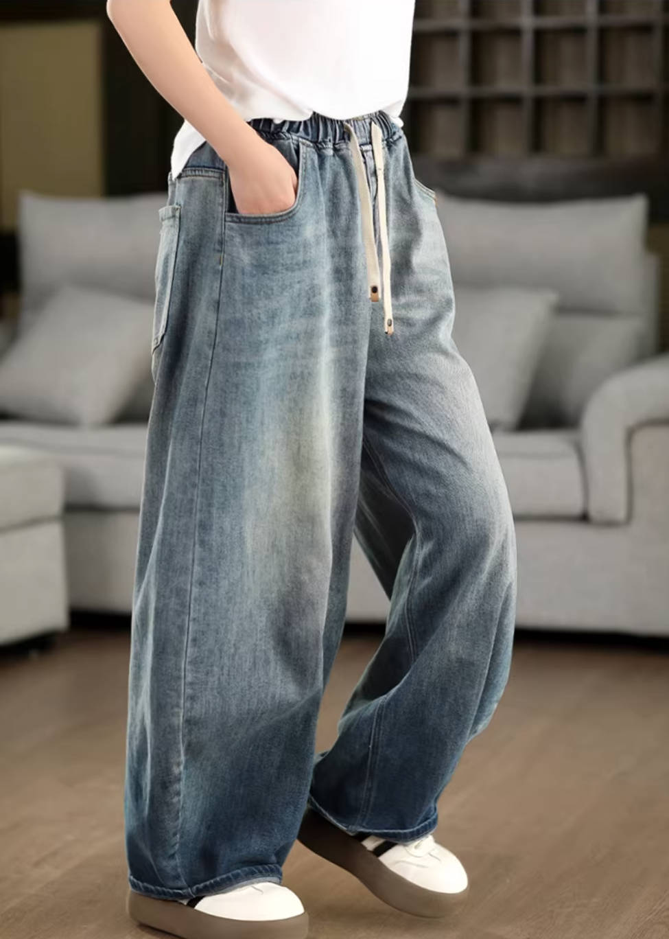 Spring Vintage Denim Classic Elastic Waist Loose Lace-Up Jeans