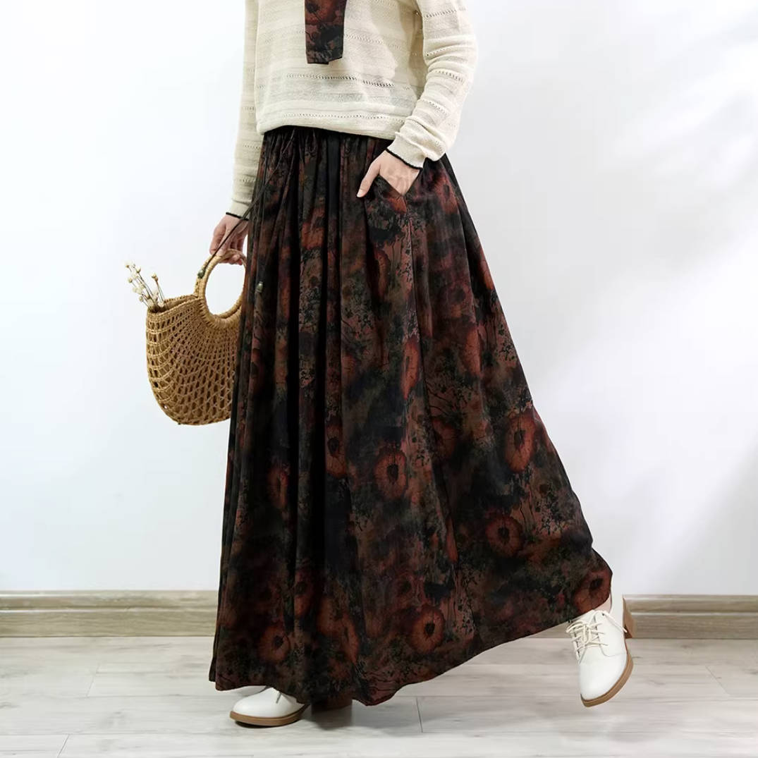 Spring Retro Cotton Linen Printed High Elastic Waist Slim A-Line Skirt